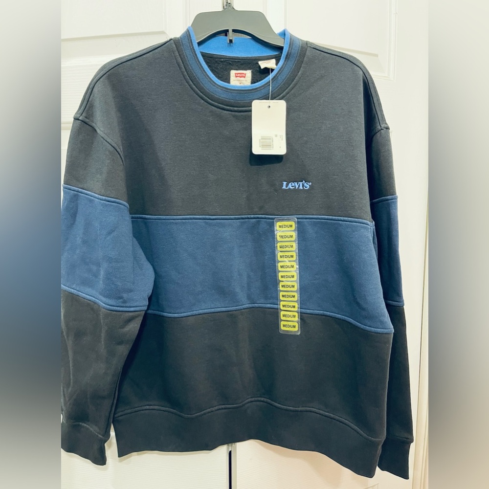 Levis Crewneck Sweatshirt Mens Med. Black Blue Colorblock Pullover Fleece Casual
